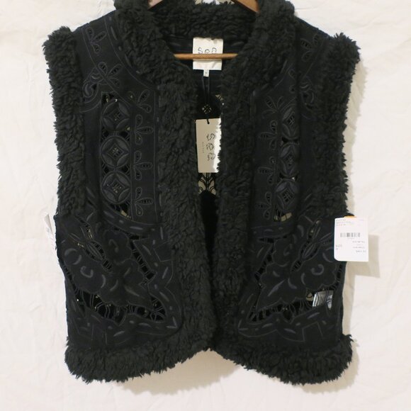 Sea Anita Women's Jacket Vest Fur Trimmed Black Eyelet Sleeveless Size M NWT